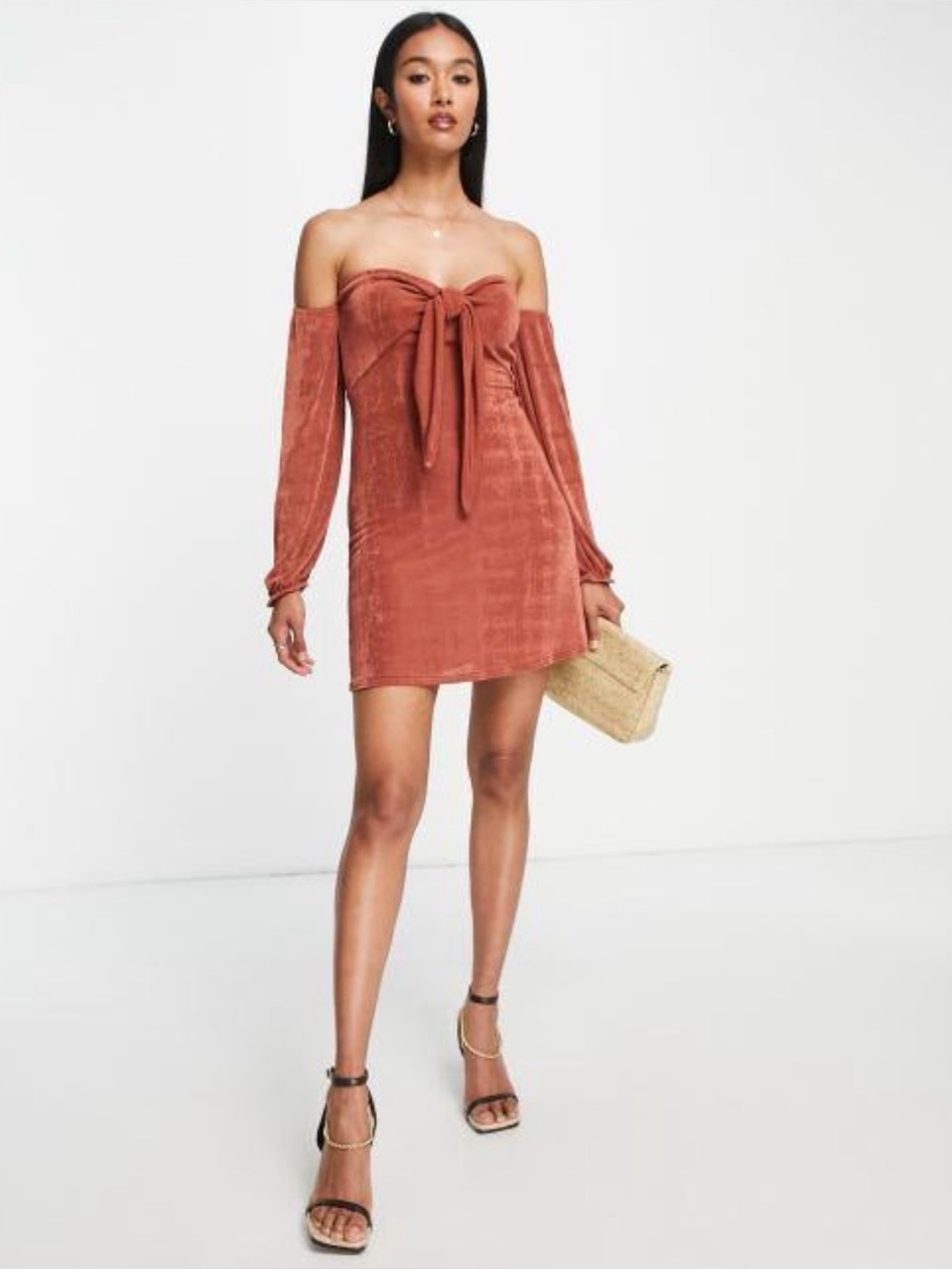 ASOS DESIGN Slinky Tie Front Bardot Mini Dress in Rust